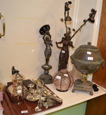 Lot 103 - Plated ware, tea urn, Spelter figural lamp and a box of Red Cross buttons