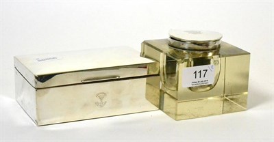 Lot 117 - A silver mounted glass inkwell and a white metal cigarette box
