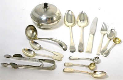 Lot 130 - A collection of various silver comprising a Georg Jensen knife and fork, two 19th century table...