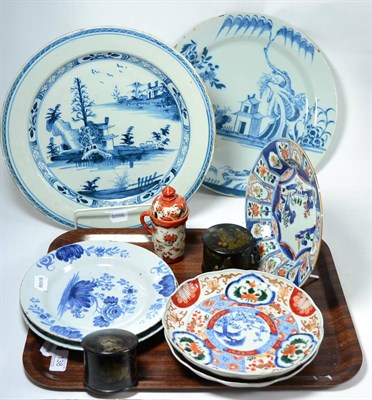 Lot 138 - A pair of delft blue and white chargers, pair of delft blue and white plates, three 19th...