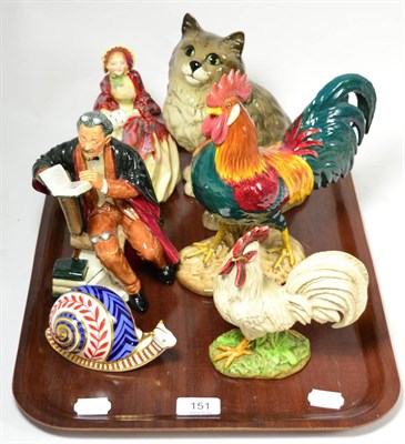 Lot 151 - Two Royal Doulton figures; The Professor and Her Ladyship, Beswick Leghorn, Beswick cat, Royal...