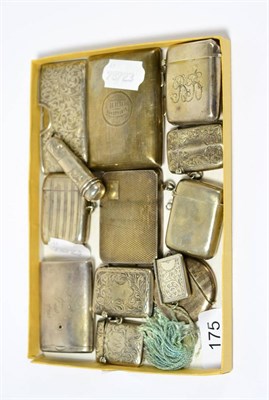 Lot 175 - Seven silver vestas including Victorian and later examples, a silver cheroot case, silver...