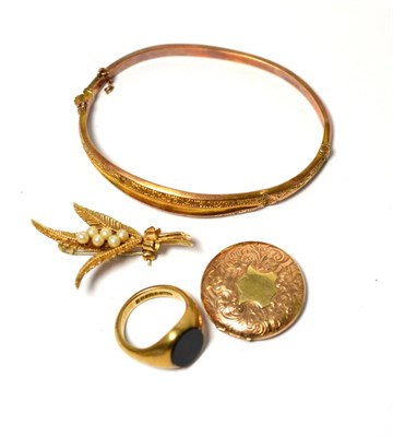 Lot 182 - A 9ct gold bangle, locket and pearl set brooch, together with a gent's 9ct gold signet ring