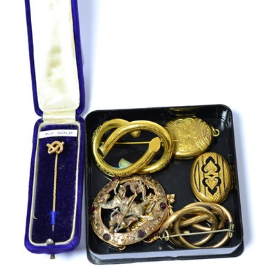 Lot 197 - A group of yellow metal Victorian brooches and lockets and a 9ct gold stick pin