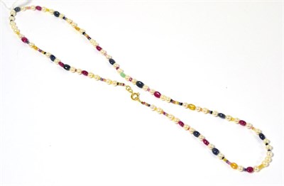 Lot 201 - A cultured pearl and multi-coloured sapphire necklace, the cultured pearls strung with assorted...