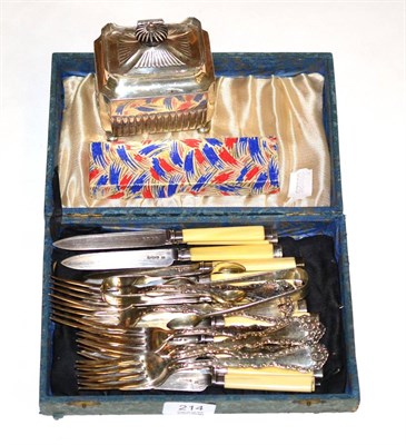 Lot 214 - A late Victorian silver tea caddy, a set of twelve late Victorian dessert knives with silver blades