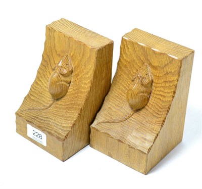 Lot 228 - A pair of Robert ";Mouseman"; Thompson oak single mouse bookends, each with carved mouse signature