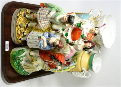 Lot 262 - Four Staffordshire figures including Little Red Riding Hood and two Continental vases