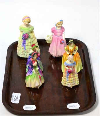 Lot 266 - Six Royal Doulton figures 'The Little Bridemaid' HN1434, 'Tinkle Bell' HN1677, 'Patricia' M8...