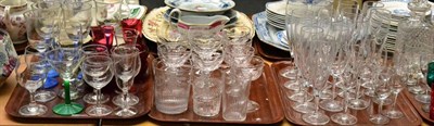 Lot 275 - Six trays of assorted table glassware including cranberry