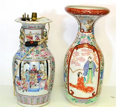 Lot 277 - A famille rose vase fitted as a lamp and a Japanese vase painted with figures