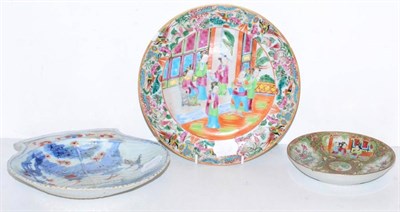 Lot 289 - A large 18th century Chinese shell dish and two 19th century famille rose dishes