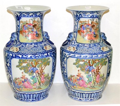 Lot 300 - A pair of Chinese baluster vases, polychrome panels with European scenes, underglaze blue and white