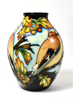 Lot 315 - A modern Moorcroft Jays at Home RSPB Discover Nature 3/8 vase, designed by Kerry Goodwin, impressed