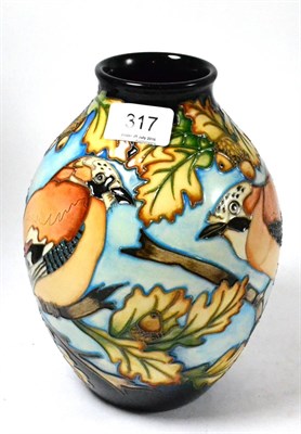 Lot 317 - A modern Moorcroft Jays at Home RSPB Discover Nature 3/8 vase, designed by Kerry Goodwin, impressed