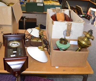 Lot 1002 - A quantity including a silver collared antler handled hunting whip, oil lamps, light fittings, wall