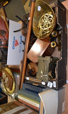 Lot 1012 - A box of miscellaneous including a set of scales, French clock, tea caddy etc