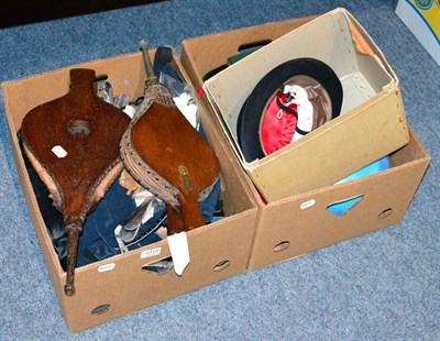 Lot 1015 - Two boxes of equestrian related items including hats, boots, gloves etc