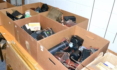 Lot 1026 - Seven boxes of photographic equipment including cameras, lenses, accessories, etc together with...