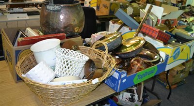 Lot 1032 - Eight boxes of assorted items including copper, brass, books, copper cauldron, etc