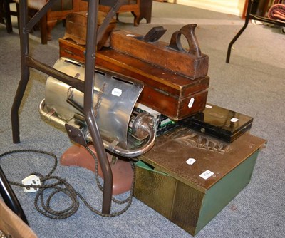 Lot 1043 - A miscellaneous collection including cased telescope, plane, 1930's head shades etc (qty)