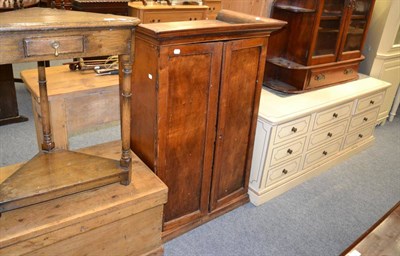 Lot 1067 - A reproduction low sideboard, pine cupboard and a two tier oak corner whatnot