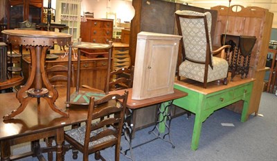 Lot 1084 - A pine hanging corner cupboard, a lunette carved oak drop leaf table, oak framed chair,...