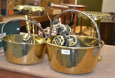 Lot 1096 - Horse brasses, two brass jam pans, kettle etc