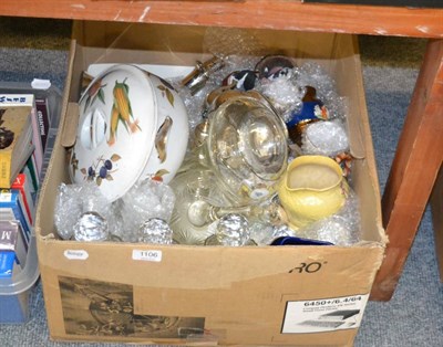 Lot 1106 - A box of miscellaneous including Meissen porcelain cup, five glass decanters, Carlton ware,...