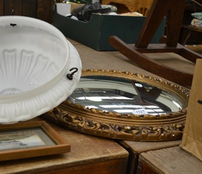 Lot 1121 - A pine wall hanging shelf, a convex wall mirror, an opaque glass hanging shade, a small barrel...