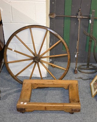 Lot 1143 - Cart wheel and jack, a turning implement and wheels