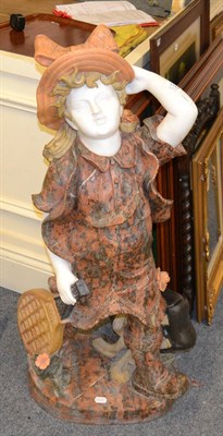 Lot 1145 - A 20th century mixed-marble figure of a bonneted girl holding a racket, plinth base, unsigned,...