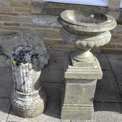 Lot 1150 - Stone urn on a plinth (urn 39cm, plinth 61cm (a.f.), together with a pillar (66cm high)