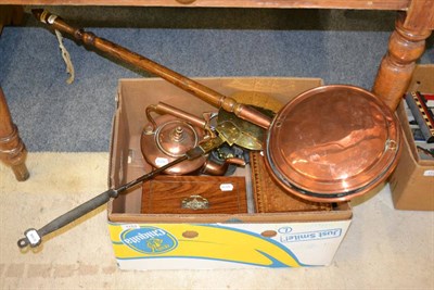 Lot 1153 - A mahogany and walnut inlaid box, a mahogany box, a copper kettle, copper warming pan, brass...