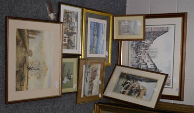 Lot 1164 - A group of framed articles including prints, watercolour, hand coloured engraving, etc (8)