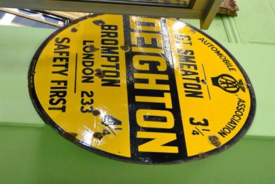 Lot 1201 - An AA circular enamelled sign ";Deighton, Gt Smeaton 3 1/4, Brompton 4 1/4, London 233, Safety...