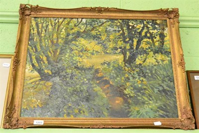 Lot 1203 - Rowel Boyd Friers (1920 -1998), Irish, oil on canvas, study of a riverbank in summertime, 49 x...