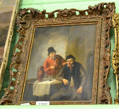 Lot 1207 - 19th century school, Two men in a tavern, oil on board within a gilt frame