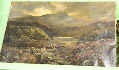 Lot 1208 - British School (19th century) Cattle watering in a highland landscape, signed, oil on canvas