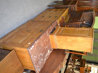 Lot 1270 - A rose marble topped washstand together with a pine pot cupboard and a three height chest of...