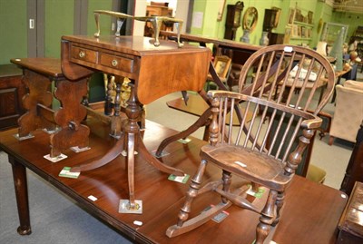 Lot 1279 - Two oak tables, child's rocking chair, drop leaf pedestal table with brass trivet (5)