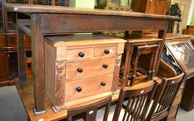 Lot 1334 - An oak refectory table, small pine cabinet and a stool