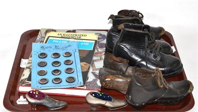 Lot 11 - Pair of child's black leather lace up boots, two pairs of clogs, two shoe pin cushion, two...