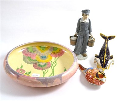 Lot 12 - Clarice Cliff pottery bowl; two Royal Crown Derby china paperweights and a Lladro china figure (4)