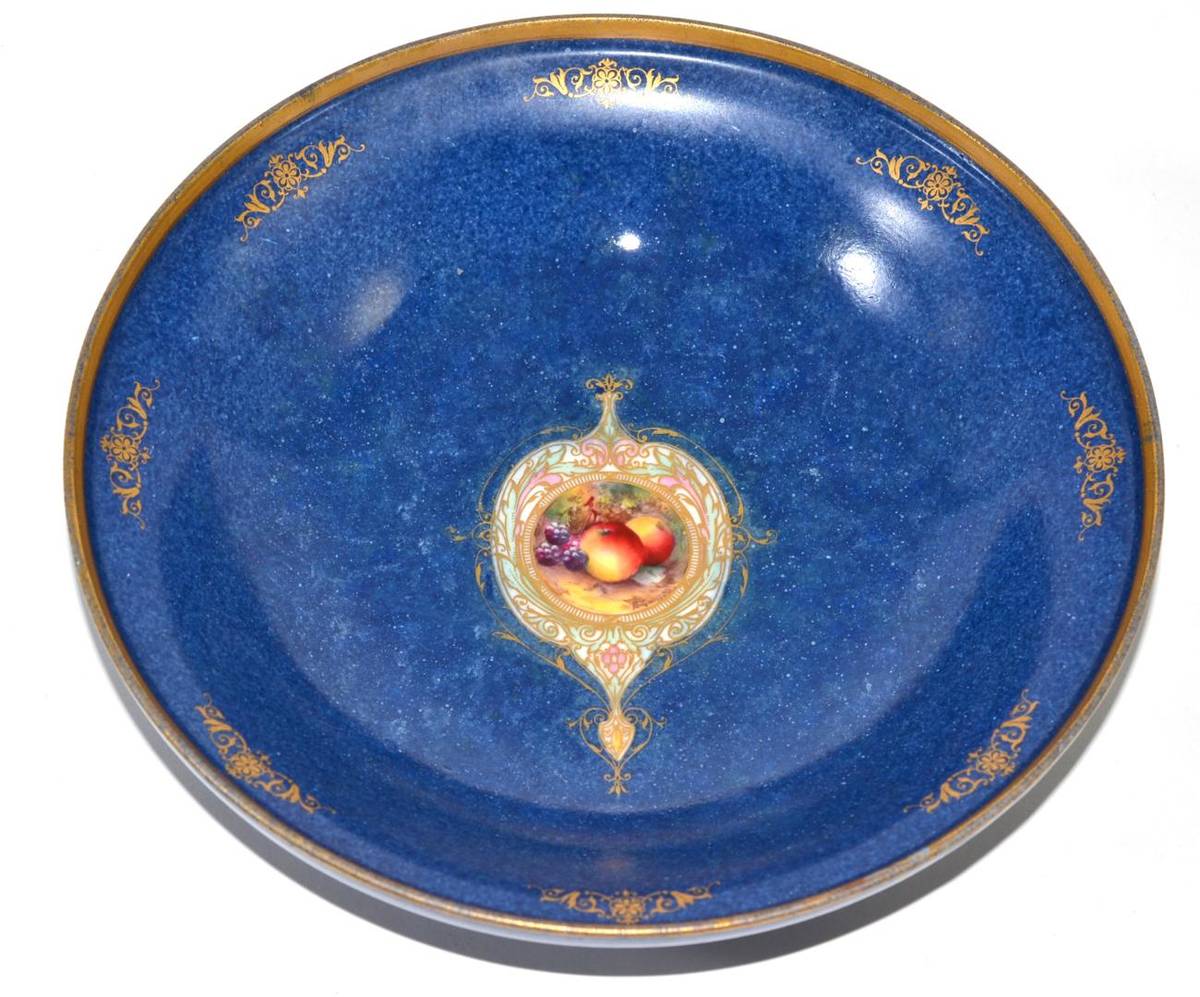 Lot 13 - Worcester Royal Powder blue ground bowl, fruit painted by Townsend