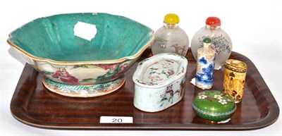 Lot 20 - A Chinese shallow bowl and soap dish, four Chinese scent bottles and a small cloissone covered...