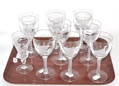 Lot 25 - Eight wine glasses with birds, signed R. Ellison, and one other glass