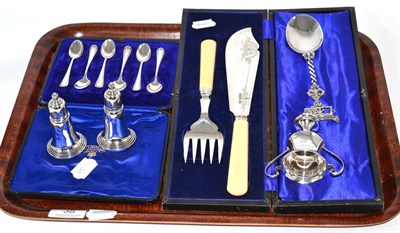 Lot 38 - A group of silver including pepperettes, tea spoons, fish servers, trophy etc