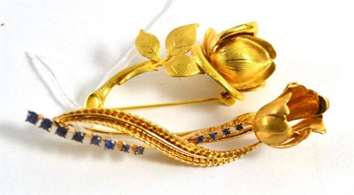 Lot 67 - A 9ct gold rose brooch and a sapphire set rose brooch