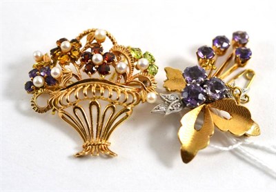 Lot 81 - A 9ct gold multi-gemstone basket brooch and a 9ct gold amethyst and diamond spray brooch